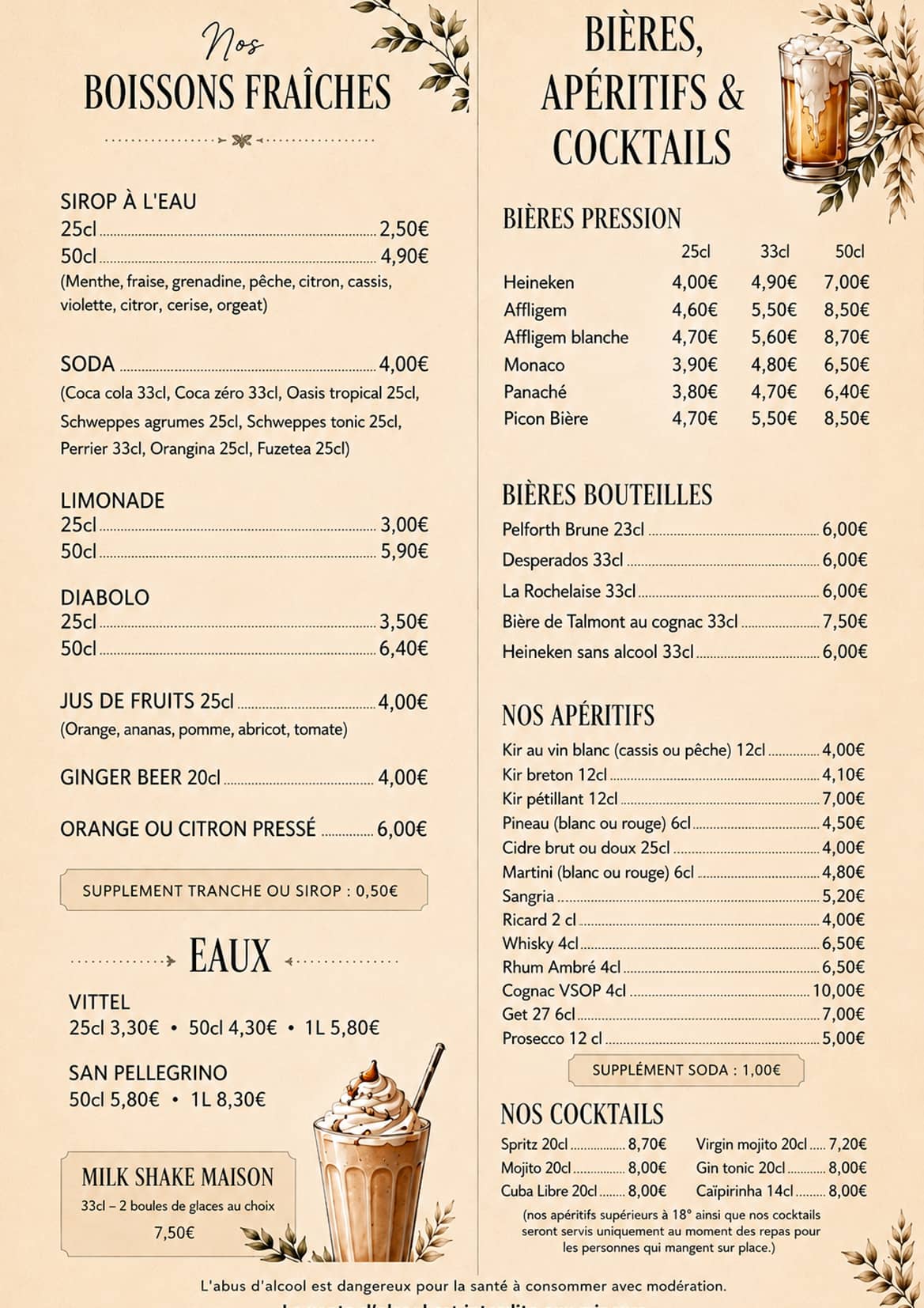 Carte des boissons fraiches de La Talmontaise