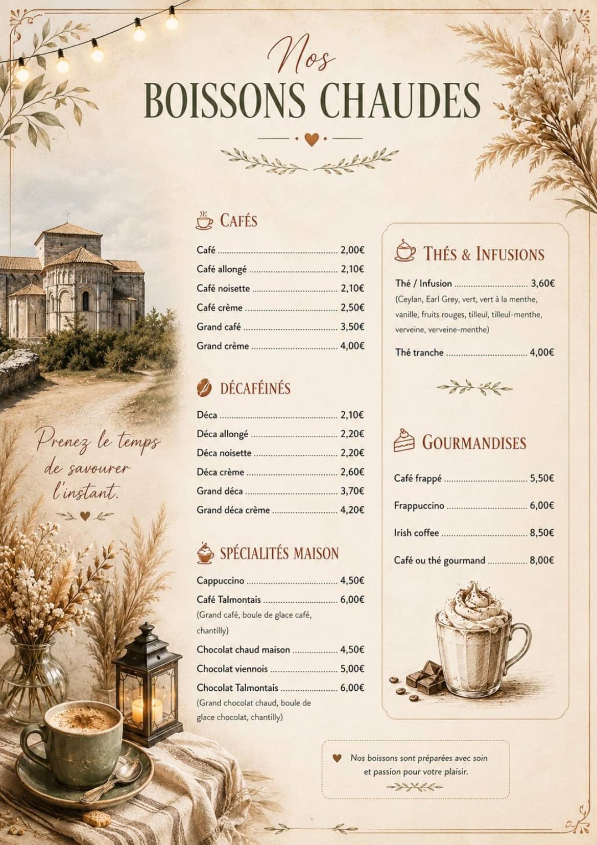 Carte des boissons chaudes de La Talmontaise