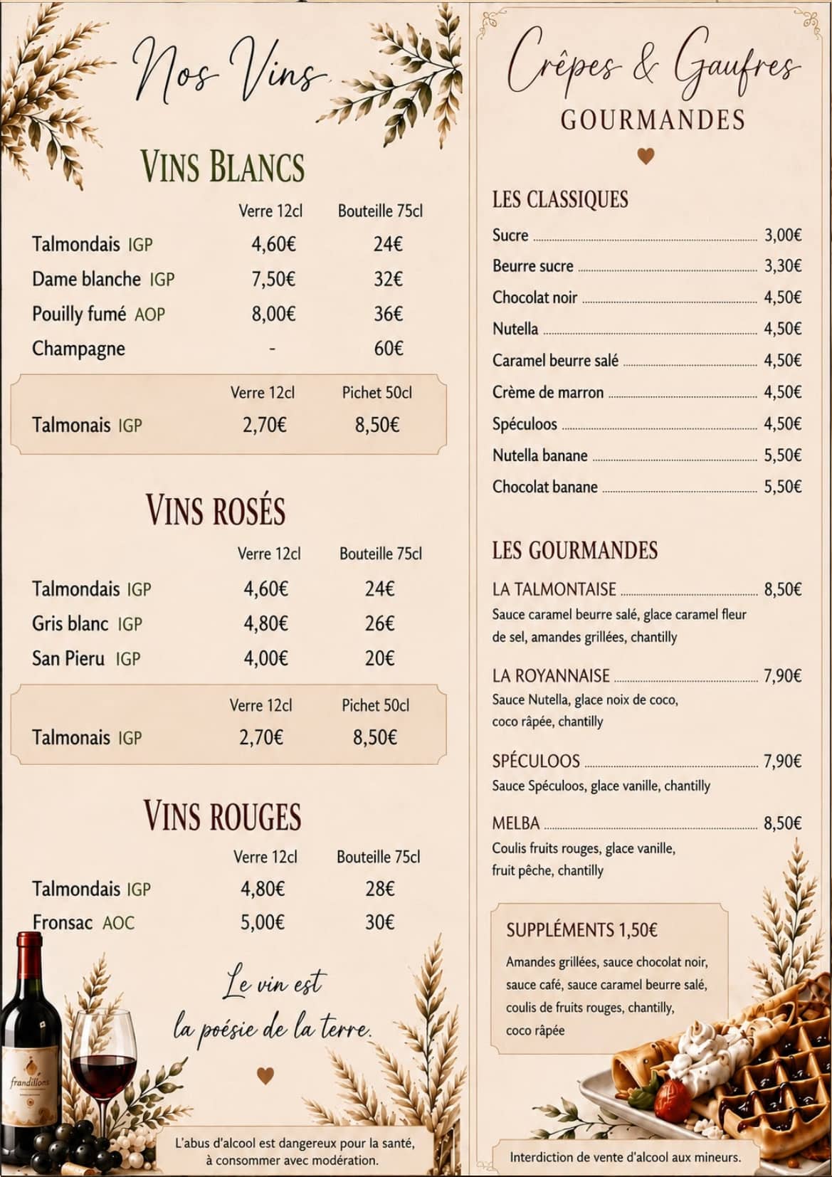 Carte des vins du restaurant La Talmontaise